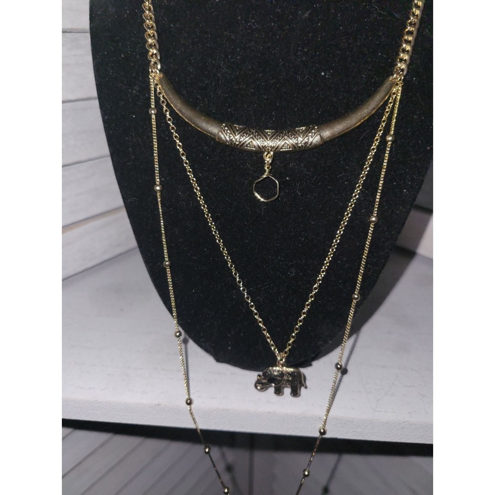 Bansri Boho Gold Tone Layered Elephant and Horn Pendant Necklace Etched Detail - Picture 2 of 6